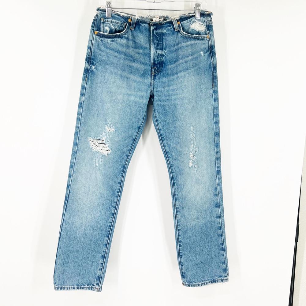 Frame Denim Mid-Rise Button Fly Straight Jeans Bluejay Rips Distressed